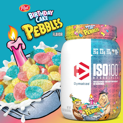 Dymatize x Fruity Pebbles ISO100 Whey Protein Powder Isolate, 25g of Protein, 20 Servings, 5.5g BCAAs, 120 Cal., Gluten Free, 1g Fat, 1g Sugar, 2g Carb