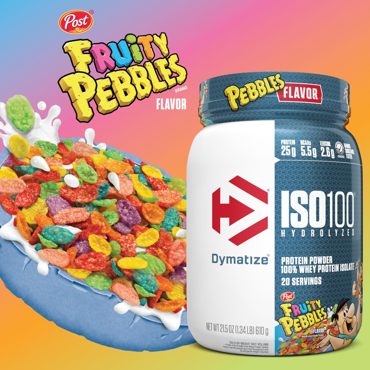 Dymatize x Fruity Pebbles ISO100 Whey Protein Powder Isolate, 25g of Protein, 20 Servings, 5.5g BCAAs, 120 Cal., Gluten Free, 1g Fat, 1g Sugar, 2g Carb