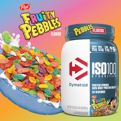 Dymatize x Fruity Pebbles ISO100 Whey Protein Powder Isolate, 25g of Protein, 20 Servings, 5.5g BCAAs, 120 Cal., Gluten Free, 1g Fat, 1g Sugar, 2g Carb