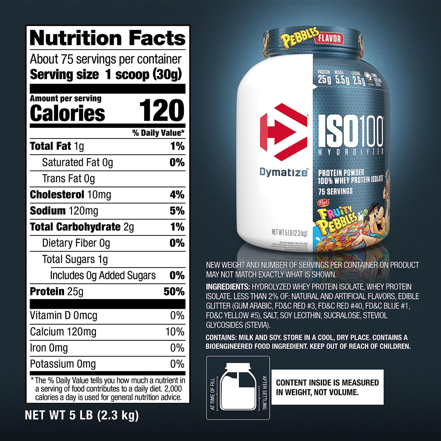 Dymatize x Fruity Pebbles ISO100 Whey Protein Powder Isolate, 25g of Protein, 20 Servings, 5.5g BCAAs, 120 Cal., Gluten Free, 1g Fat, 1g Sugar, 2g Carb