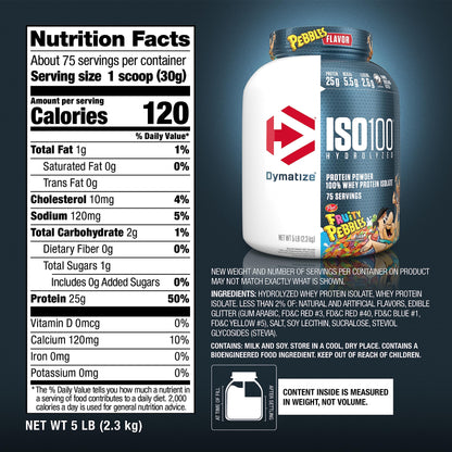 Dymatize x Fruity Pebbles ISO100 Whey Protein Powder Isolate, 25g of Protein, 20 Servings, 5.5g BCAAs, 120 Cal., Gluten Free, 1g Fat, 1g Sugar, 2g Carb
