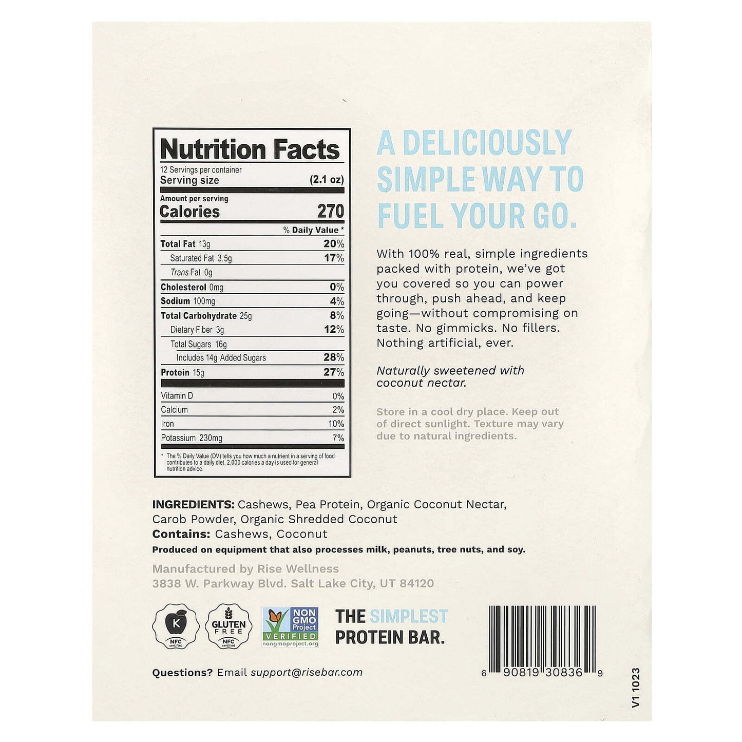 Rise Protein Bar, Vegan Chocolatey Coconut, 12 Bars, 2.1 oz (60 g) Each