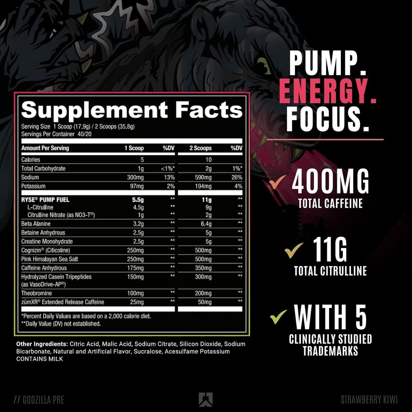 RYSE Godzilla Pre-Workout - Strawberry Kiwi (40 Servings)