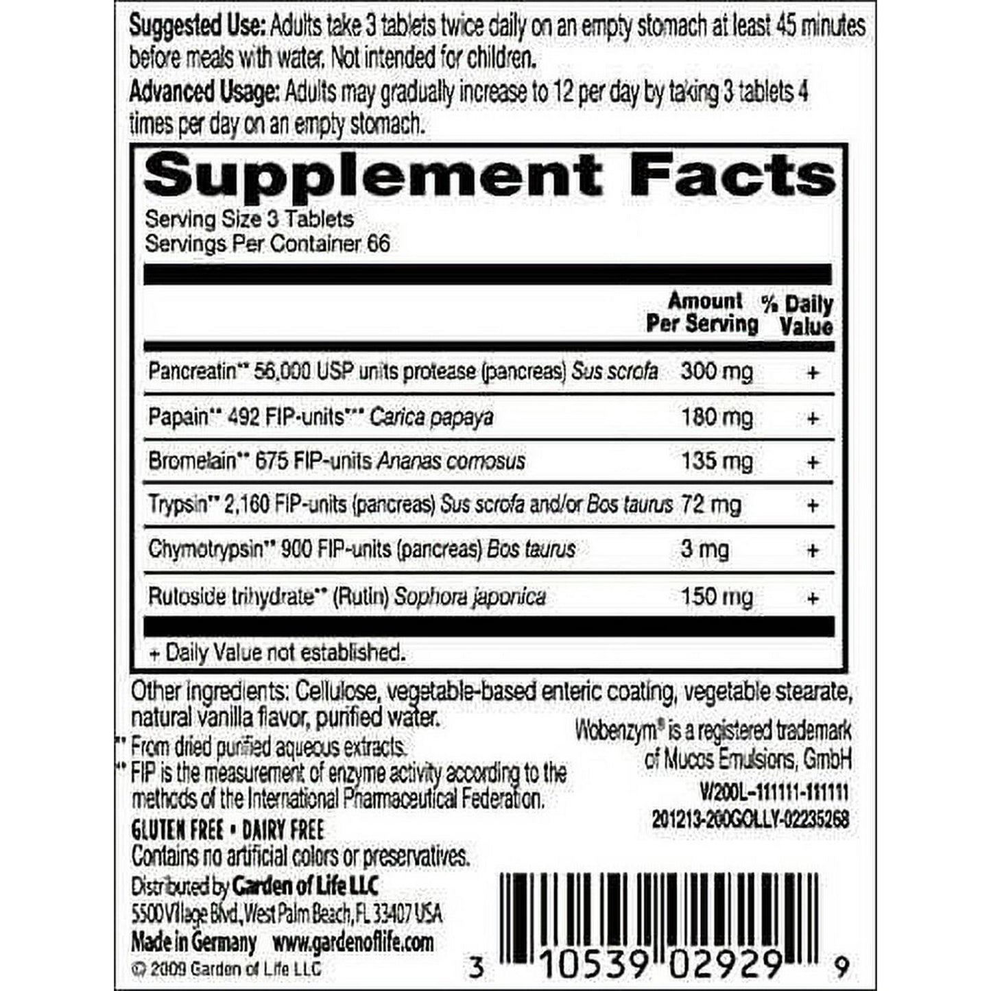 Garden of Life Wobenzym N 200 Tablets - Best Used By 01/2025
