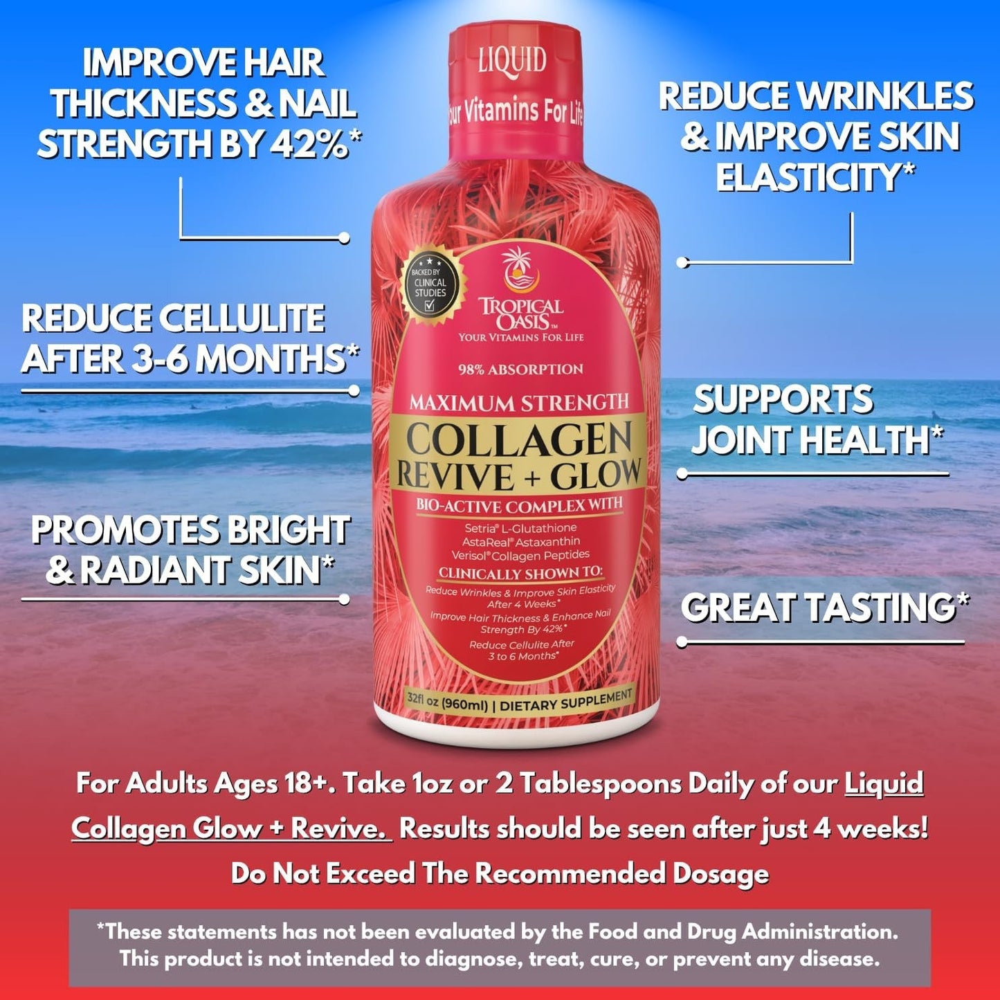 Tropical Oasis Liquid Collagen Glow, VERISOL 5000mg + Biotin, 32 Servings