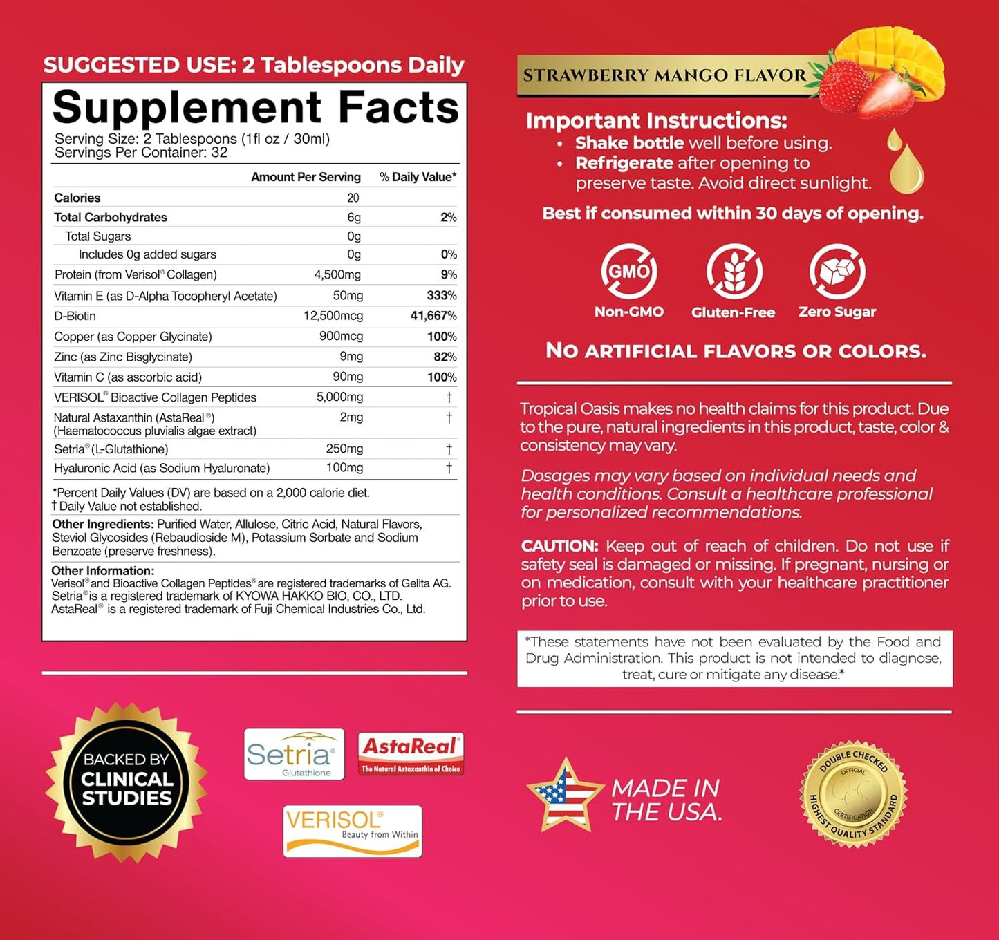 Tropical Oasis Liquid Collagen Glow, VERISOL 5000mg + Biotin, 32 Servings