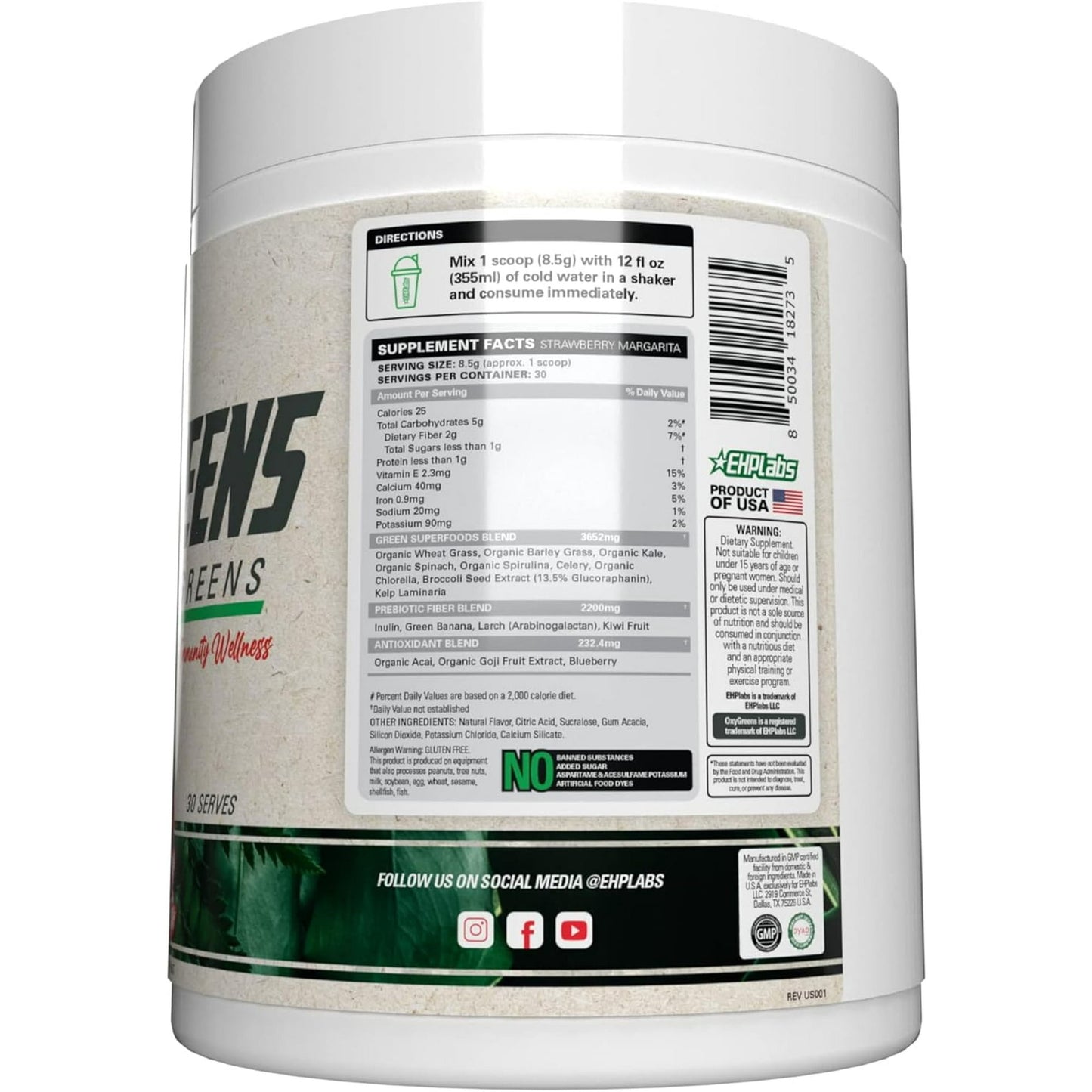 EHP Labs OxyGreens Strawberry Margarita 30 Servings 9 Oz Exp 06/2025