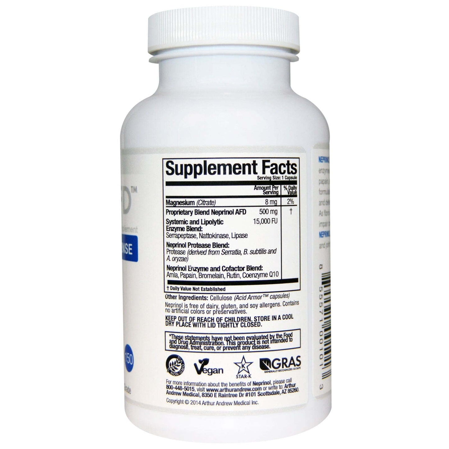 Arthur Andrew Medical, Neprinol AFD, Advanced Fibrin Defense, 500 mg, 150 Ct.