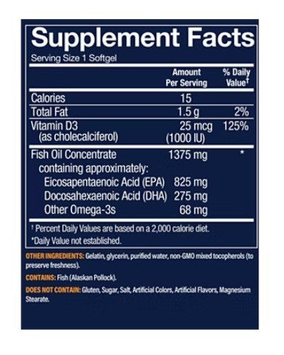 Premium Wild Alaskan Fish Oil with Vitamin D3 - 1,100 MG EPA/DHA (120 Softgels)