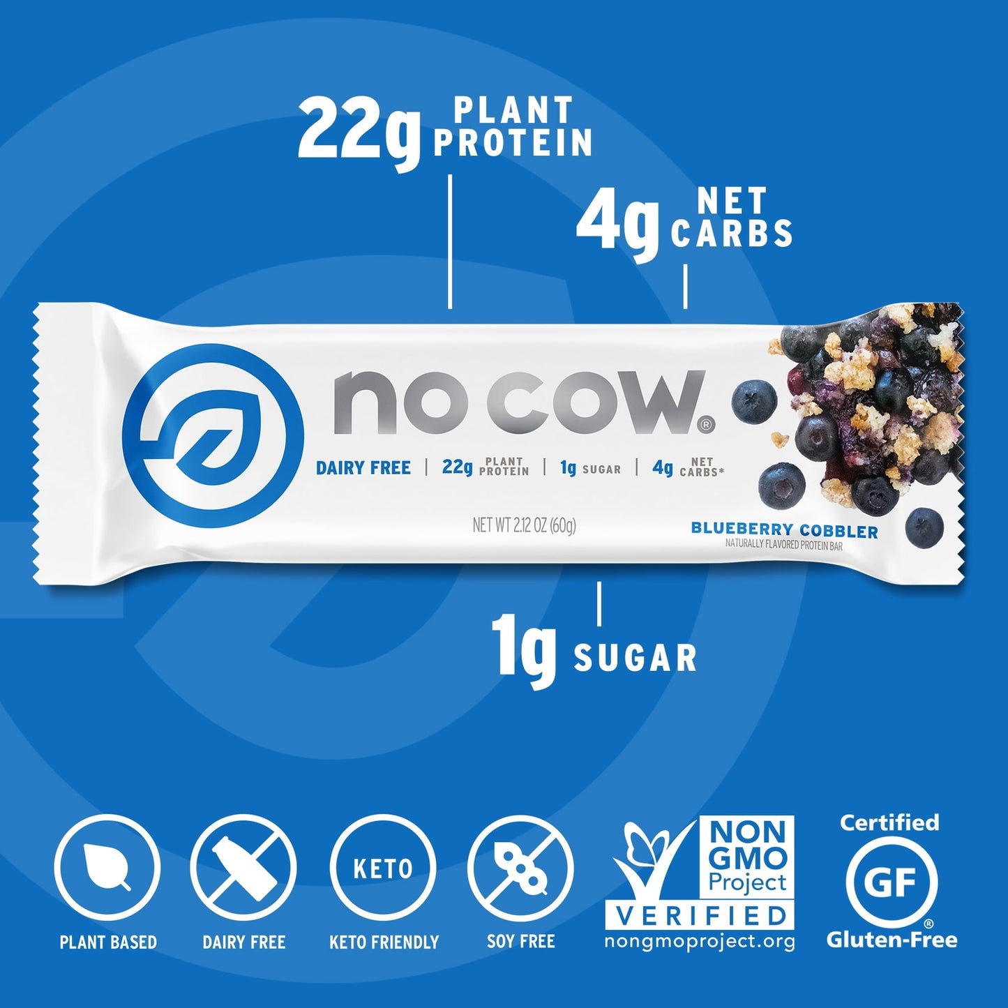 No Cow High Protein Vegan Protein Bars, Blueberry Cobbler, 12 Pack