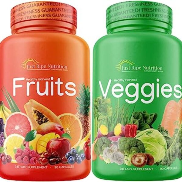 Just Ripe Nutrition Fruits and Veggies Supplement - 90 Fruit and 90 Vegetable Capsules - 100% Whole Natural Superfood - Filled with Vitamins and Minerals - Supports Energy Levels (1 Pack)
