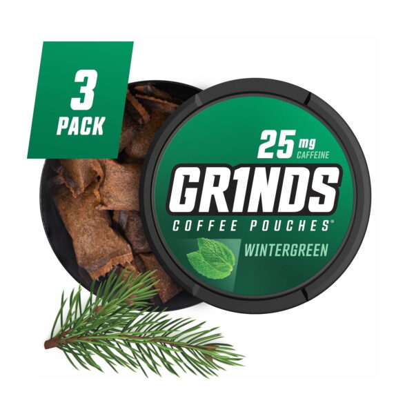 Grinds Coffee Pouches | 3 Cans of Wintergreen | Tobacco/Nicotine Free | 25 mg of Caffeine